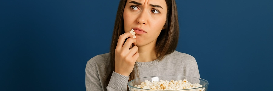 ¿Las palomitas engordan por la noche? Mujer con cuenco de palomitas, duda saludable