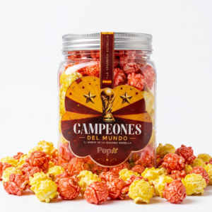 Palomitas de caramelo salado rojas y amarillas alrededor del tarro Popit Campeones del Mundo