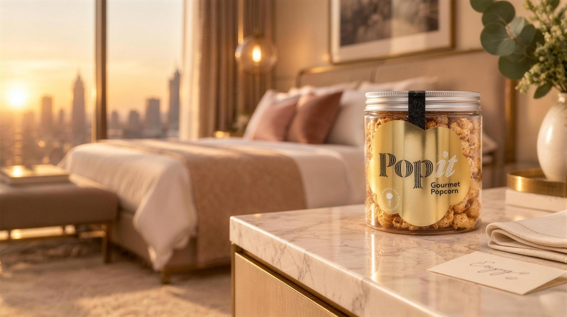 Bote Popit Goldies como amenity de bienvenida en una suite de hotel
