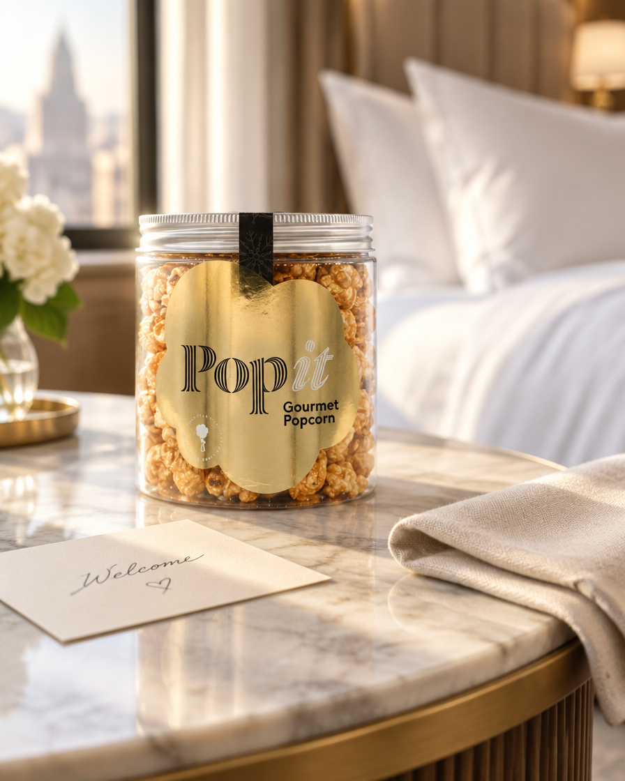 Bote Popit Goldies como amenity en una suite de hotel