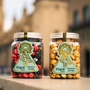 Palomicas del Pilar de Popit, tarros de palomitas gourmet con etiqueta homenaje a la Virgen del Pilar, Zaragoza