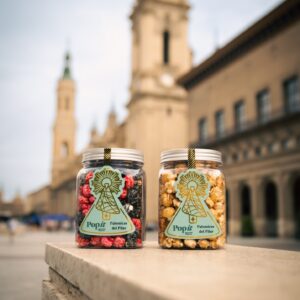 Palomicas del Pilar de Popit, tarros de palomitas gourmet con etiqueta homenaje a la Virgen del Pilar, Zaragoza